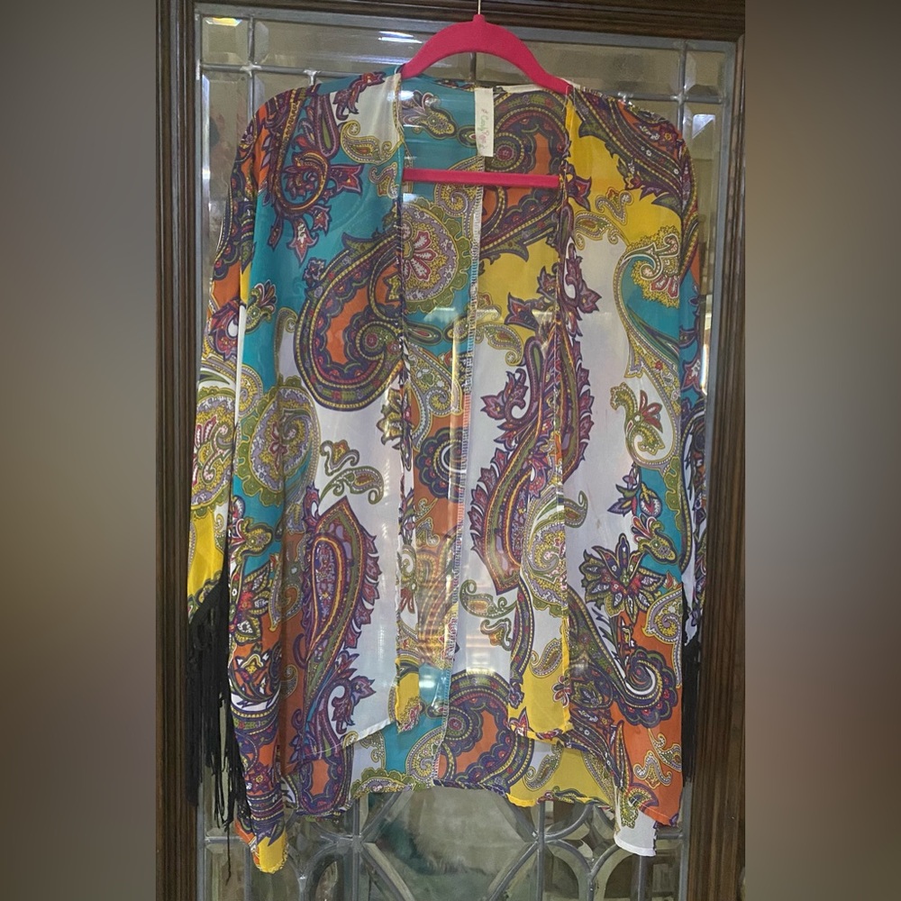 Candy Rose Paisley Kimono Fringe Sleeve Top Size S Boho Lightweight